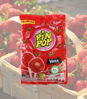 Pin Pop Strawberry (Fresa) 408g  Juicy Strawberry Lollipop with a Chewy Surprise
